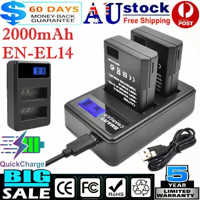 2x 2000mAh EN-EL14 Battery + USB Dual Charger For Nikon D3100 D3200 D3300 P7000 • $34.99