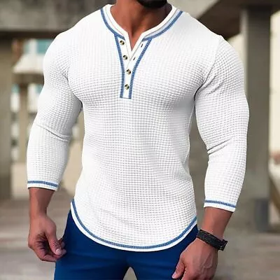 Mens Spring Autumn Waffle Collarless Long Sleeve Solid Color Henley Shirt Tops • $21.86