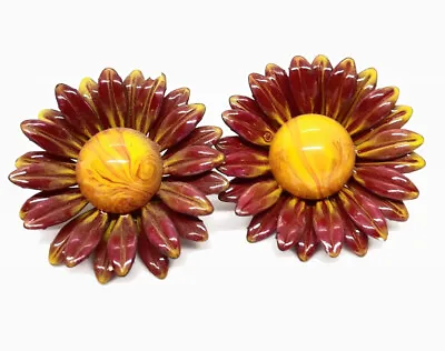 Retro Vintage Enameled Red Orange Swirled Sunflower Clip On Earrings • $10