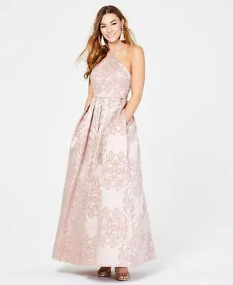 Teeze Me Junior's Glitter Velvet Flocked Halter Gown Pink Size 5 • $40.09