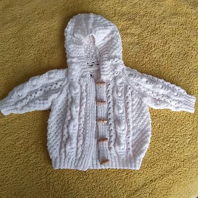 Babys Hand Knitted Hooded Aaron Cardigan. Cosy  Jumper. New. Unisex. 3-6+ Months • £8