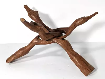 Vintage Folding Wood Carved Interlocking Plant Bowl Stand 3 Leg Animal Face • $12.97