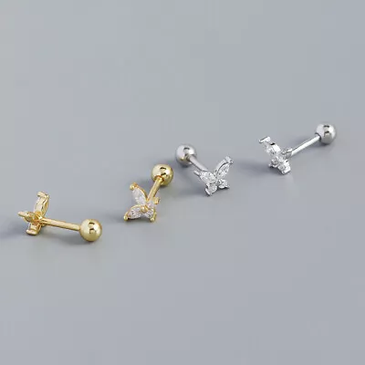 925 Sterling Silver Women's Crystal Butterfly Ball Bead Stud Earrings Screw Back • $16.95