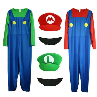 Adult Mens Super Mario And Luigi Plumber Bros Costume Party Fancy Dress M-XL • £10.98