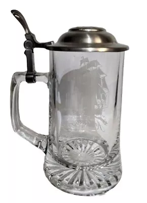 Vintage Pewter Lidded Old Spice Etched Glass Beer Stein (ARIEL 1866 SHIP) • $20