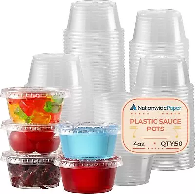 NationwidePaper 4oz 50pcs Plastic Sauce Pots With Airtight Lids For Dips - 118ml • £7.25