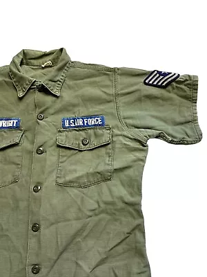 OG 107 OD Sateen Cotton Fatigue Shirt Vietnam War 1960 70s XL USAF Patches • $39.99