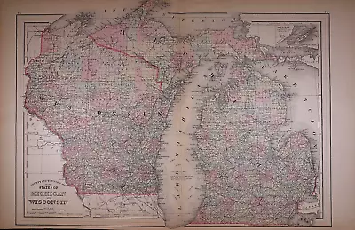 1887 Map ~ MICHIGAN - WISCONSIN ~ Authentic Mitchell Atlas Map (15x23)-#027 • $30.91