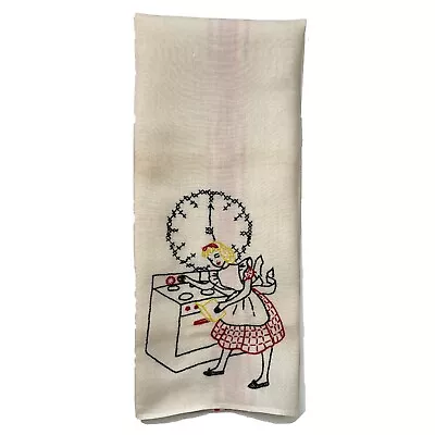 Embroidered Linen Kitchen Dish Towel Cooking 50's Vintage Cottage Core Granny • $14.99