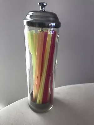 Vintage Glass Straw Holder Dispenser With Colorful Straws Metal Lid • $8.99