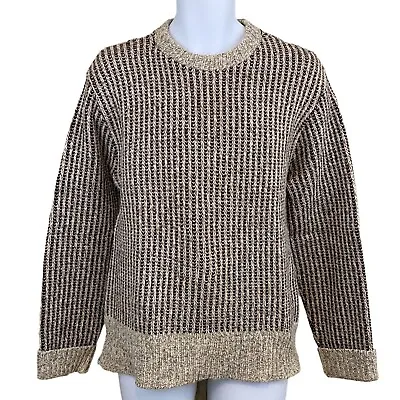 Vintage Handmade Cable Knit Sweater Brown Striped Long Sleeve Pullover Mens L • $42.49