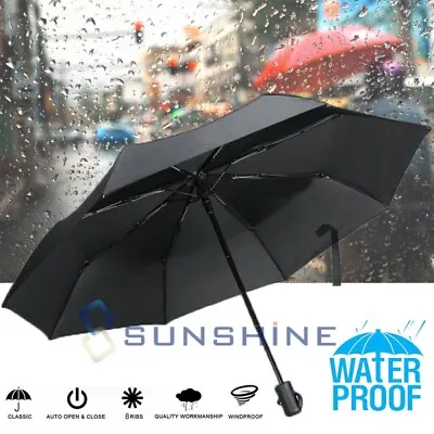 Large 50+ Anti-UV Sun Rain Protection Windproof 3 Folding Golf Umbrella Black • $14.95