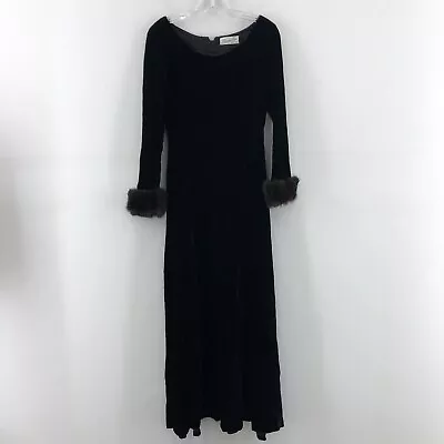 VTG 1960s Bernie Bee Black Boat Neck Mink Fur Cuff LS A-Line Maxi Dress Womens 4 • $49.97