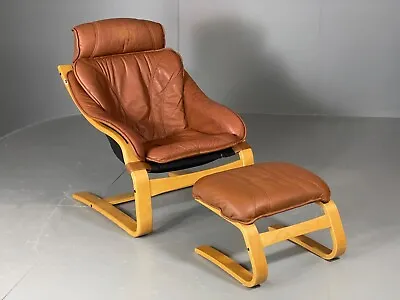 EB6126 Vintage Danish Lounge Chair And Footstool Leather Bentwood Beech MCM MBEN • £225