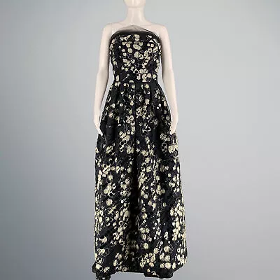 NAEEM KHAN Size 4 Black Cream Silk Payettes Strapless Long Gown Evening Dress • $2564