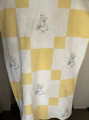 Vintage Mother Goose Crib Cutter Quilt Hand Quilted Embroidered Yellow 31.5x • $29.99