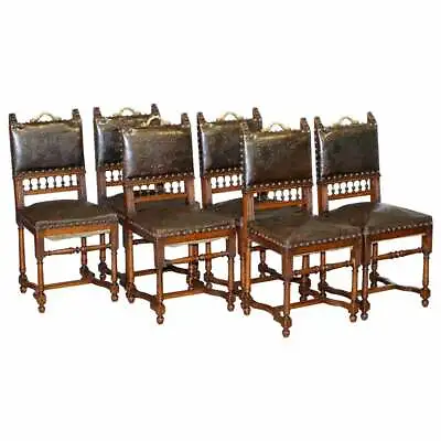 Set Of Six Henry Ii Circa 1880 French Oak & Embossed Leather Lion Dining Chairs • $3543.55