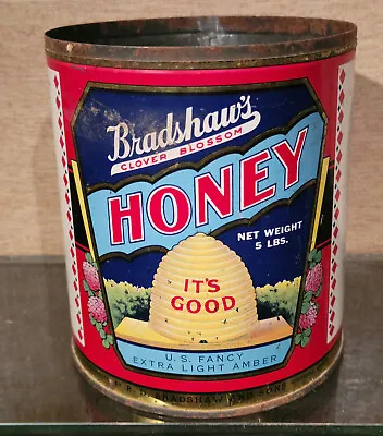 1939 Vintage Bradshaw's Clover Blossom Honey Tin Can 5 Pounds Wendell Idaho • $100