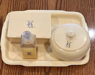 Vintage Celluloid Vanity 4 Peice  K  Dresser Set: Tray Box Bowl Perfume • $25