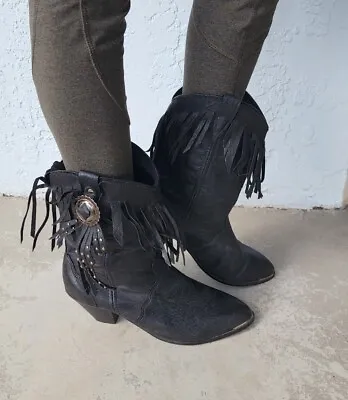 Vintage 80s Black Leather Concho Fringe Cowboy Mid Calf Boots Women's 9.5 • $45