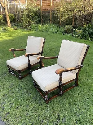 Pair Of Antique Style Ercol Old Colonial Wood Framed Armchairs Oak Elm • £220