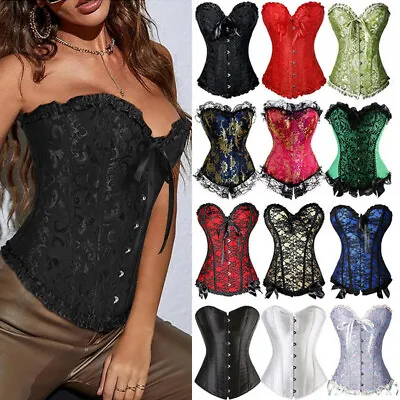 Women Overbust Boned Corset Burlesque Basque Top Lace-Up Costume Party Dresses • £21.79