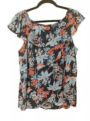 J Jill Love Linen Top Womens Size 2X Navy Multicolor Floral Print Ruffle Sleeve  • $29