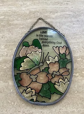 Vintage Small Stained Glass Butterfly Oval Sun Catcher 4.5  X 3.5   Love /God • $17