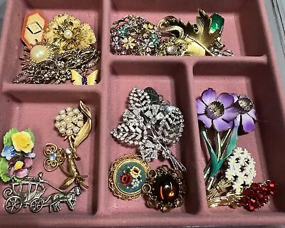 Vintage Brooch Lot Rhinestone 18 Pieces Sarah Cov Porcelain Enamel Mosaic • $60