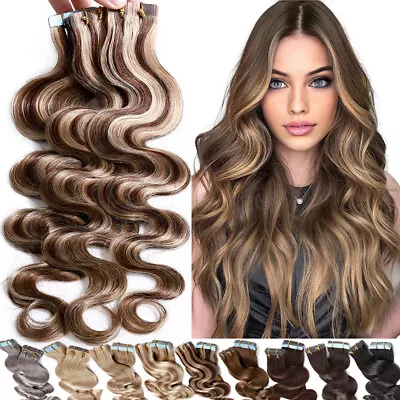 Wavy Adhesive Tape In Human Hair Extensions Skin Weft Russian Remy Thick 80pcs • $23.41