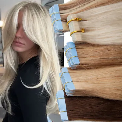 100g Tape In Remy Skin Weft 100% Human Hair Extensions THICK Full Head Invisible • $26.38