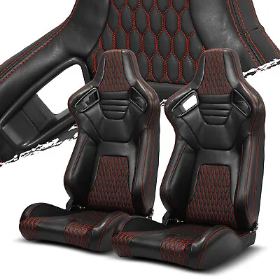 Pairs Black+Red Stitching PVC Leather L/R Reclinable Racing Seat+Slider • $311.38