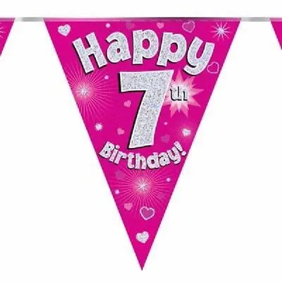 12.8ft Pink Happy 7th Birthday Bunting Age 7 Flag Party Banner Decorations • £2.99