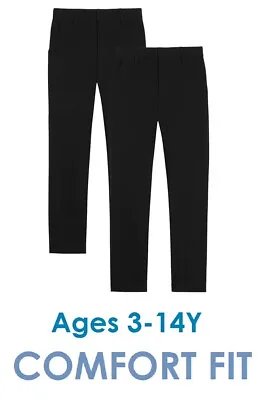 Pack Of 2 - Boys School Trousers Comfort Fit Elastic Waist 3-16 Years Black Grey • £4.95