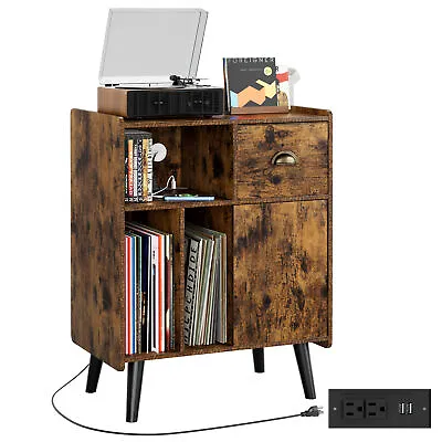 Albums Storage Turntable Cabinet Record Player Stand Vinyl Holder W/Power Outlet • $132.84