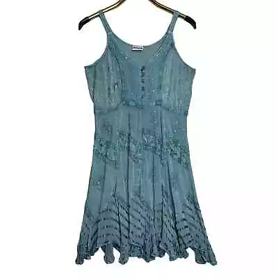 Shoreline Size Large Blue Rayon Sundress Stonewash Look Dress Tie Back Fairy OS • $34