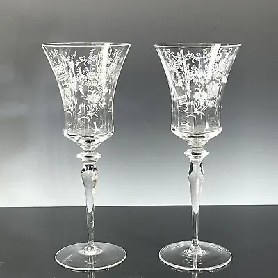 Vintage FOSTORIA CAMBRIDGE ~ A Pair Of Tall Floral Design Wine Glasses 9.25”  • $40