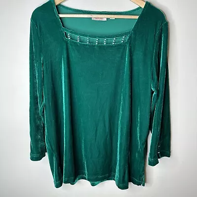 Quacker Factory Womens Green Velvet Long Sleeve Rhinestone Blouse Tunic Top Sz L • $23.99