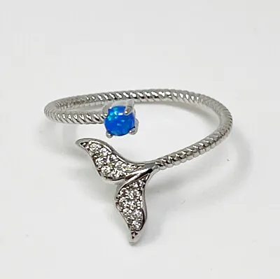 Signed MJD 925 Sterling Silver Simulated Blue Opal Mermaid Tail Ring Adjustable • $18.39