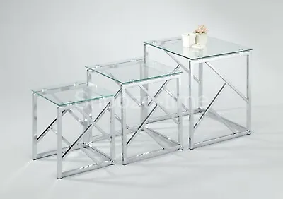 £140 • Buy Glass Nest Of Tables Contemporary Tempered Glass Clear Or Black Side Lamp Tables
