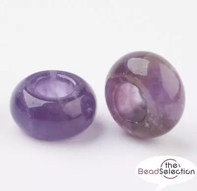 2 AMETHYST GEMSTONE RONDELLE DONUT BEADS 14mm X 8mm EUROPEAN LARGE HOLE 6mm GS69 • £3.49