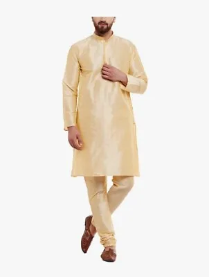 Sojanya Men's Silk Blend Gold Kurta And Gold Churidar Pyjama Set -Size 44 • £19.99