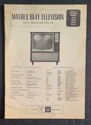 Vintage Curtis Mathes Hi-fi Super G Television 96-23 Service Manual & Parts List • $6.50