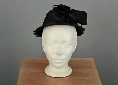 VTG Women's 30s 40s Black Straw Hat W Bow 1930s 1940s • $34.99