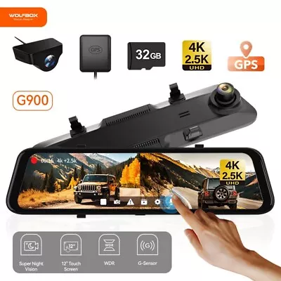 WOLFBOX G900 Mirror 4K Dash Cam Rear View Camera Front And Rear Free 32GB Card • $281.97