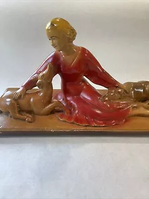 Vtg Art Deco Chalkware Lady Figure With Borzois Dog A. Santini Woman • $48.58