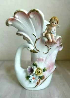 $17.99 • Buy Vintage Porcelain Bisque Swan Vase Hand Painted Flowers Angel Cherub 3D 
