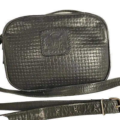 Vintage Leather Crossbody Bag Black Basketweave Design Crest India 70s 80s • $29.77