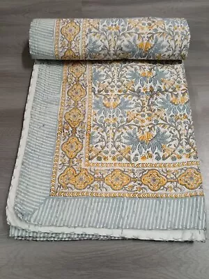 Indian King Size Hand Block Print Floral Kantha Handmade Quilt Bedspread Blanket • £71.99