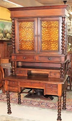 French Antique Louis XIII Secretary Desk Tall Stained Glass Bookcase With Hutch • $3250